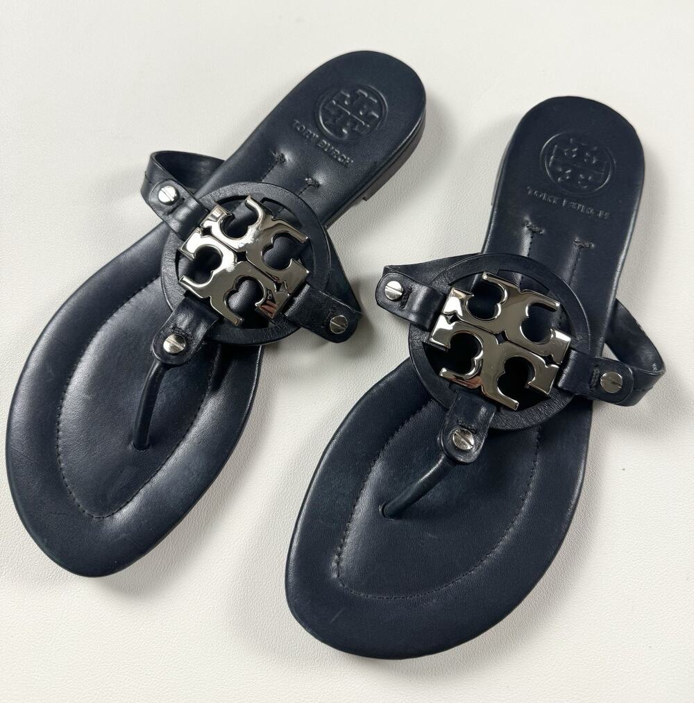 Tory Burch Metal Miller Sandals Flats Womens Size 6.5 Navy/ Silver Gunmetal Logo